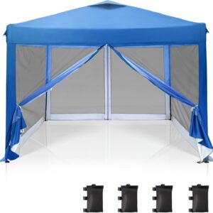 10' x 10' Pop Up Canopy Tent with Netting, Instant Gazebo,  Screen Party Tent House Room with Carry Bag, Height Adjustable, for Outdoor, Garden, Blue
